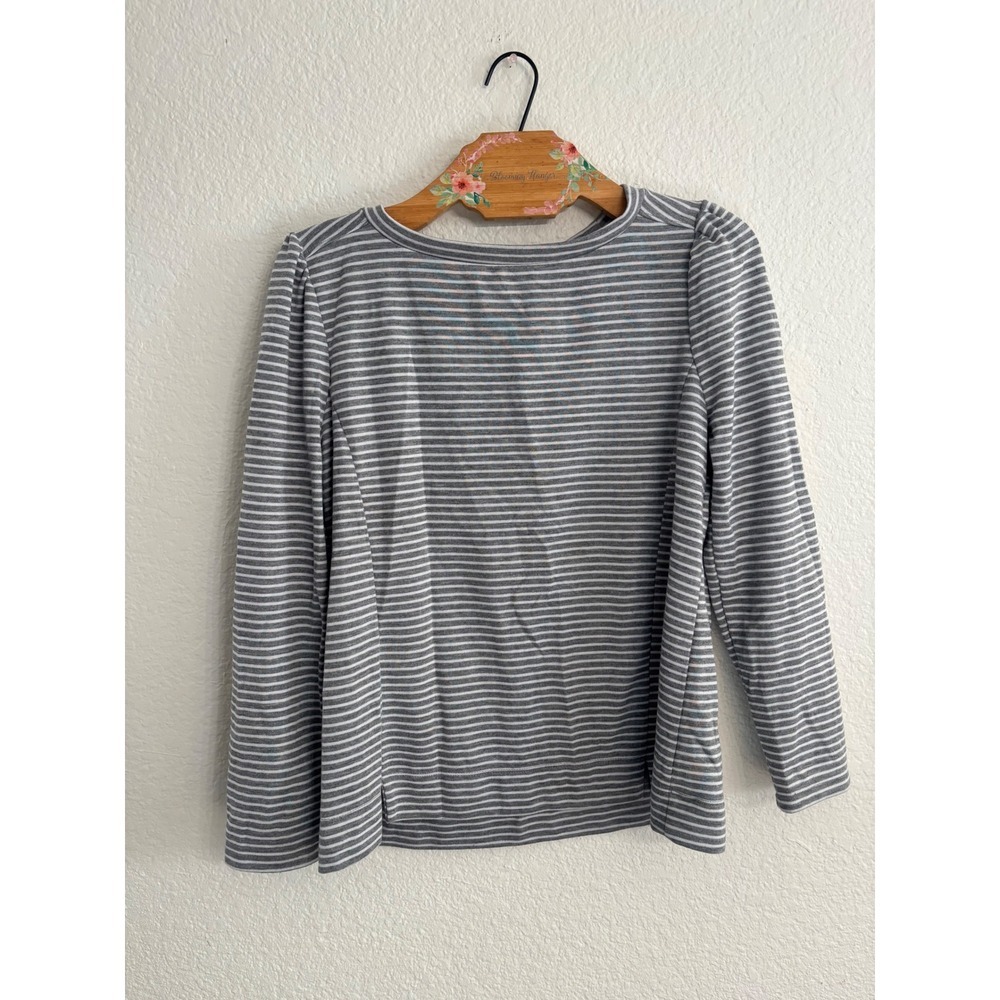 Liz Claiborne Striped Boatneck Top Size M‎ Grey White Puff Shoulder Long Sleeve
